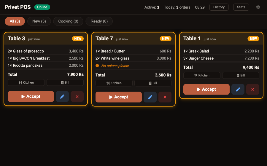 POS dashboard with live orders